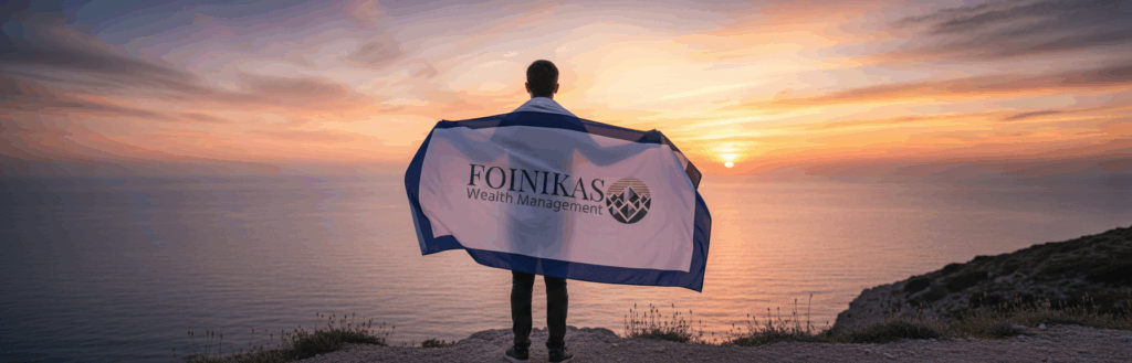 Young man holding a Foinikas Wealth Management scarf infront of a sunset at the sea.