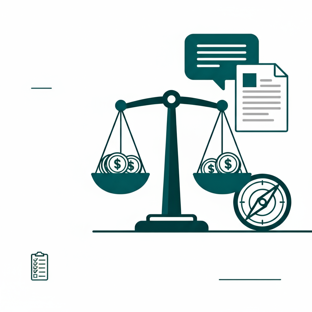 Graphic of scales containing coins and a compass.